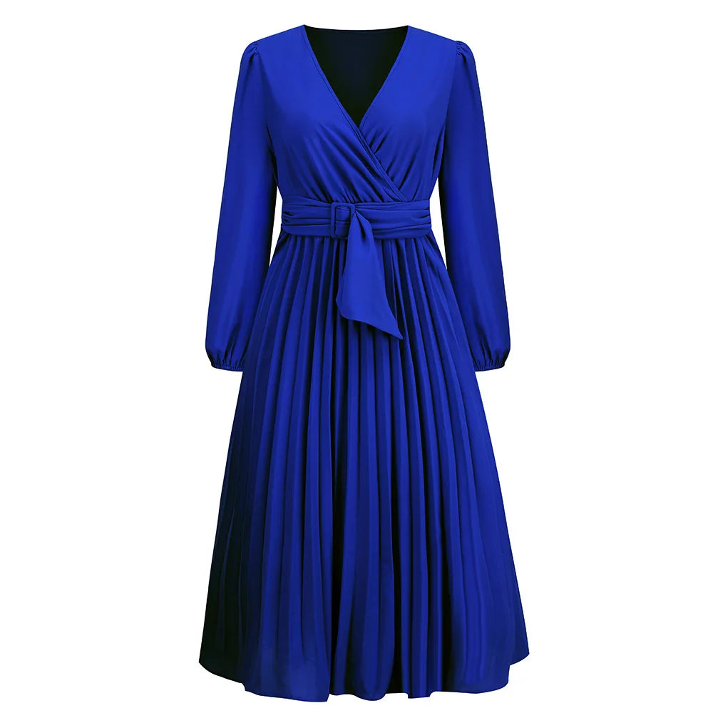 Elegante feminino verde chiffon outono/inverno manga longa fino ajuste vestido plissado moda feminina com decote em v cinto vestidos de festa S-2XL