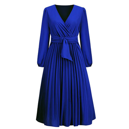 Elegante feminino verde chiffon outono/inverno manga longa fino ajuste vestido plissado moda feminina com decote em v cinto vestidos de festa S-2XL