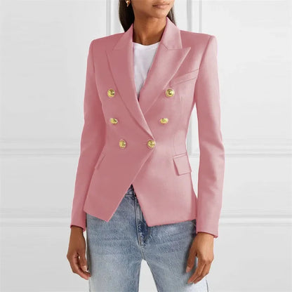 Blazer feminino de alfaiataria, modelo slim, estilo europeu/americano, para primavera/outono, com abotoamento duplo.