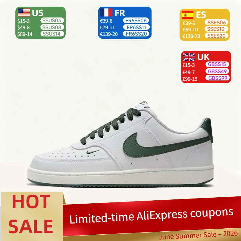 Tênis NikeCourt Vision Low Classic, versátil, confortável, durável e leve, para skate, feminino, branco/verde FV9952-101