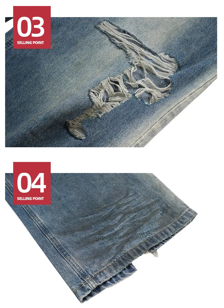 Mijko imagem real jeans desgastado buraco danificado baggy perna larga jeans masculino streetwear casual calças jeans calças de carga