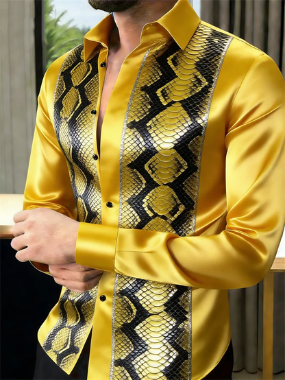 Nova Camisa Masculina Estampada em 3D com Escamas de Cobra, 10 Cores, Casual, de Manga Longa e com Botões