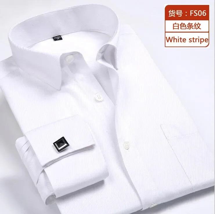 Qualidade e suave formal masculino francês manguito vestido camisa masculina manga longa sólido listrado estilo camisas masculinas abotoaduras incluem plus size