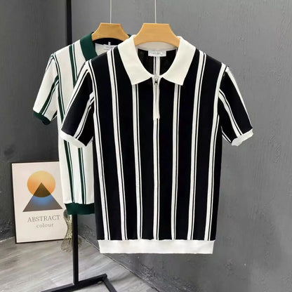 Alta qualidade verão novo masculino tricô listra manga curta camiseta masculina casual botão moda topo camisa polo