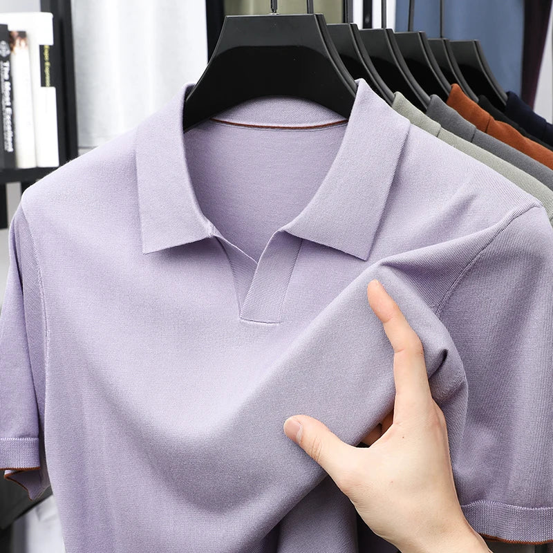 100% Lyocell malhas 2025 homens primavera verão na moda turn down collar malha camisetas manga curta respirável malha topos