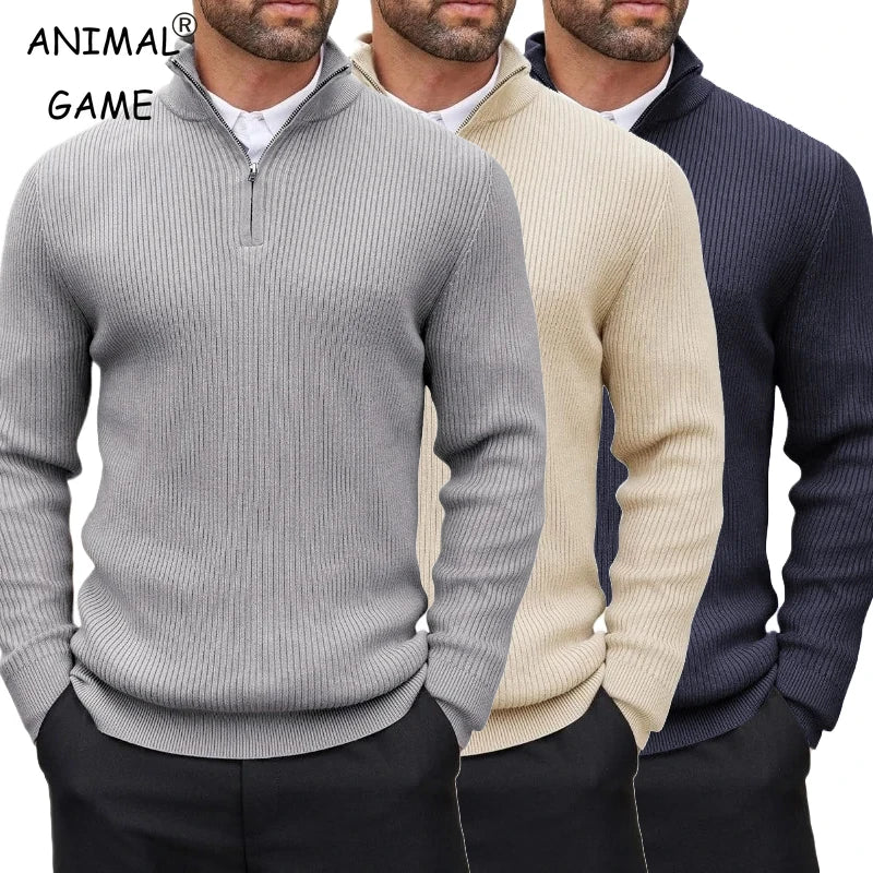 Outono masculino quarto zip pulôver vestido fino camisola mock pescoço suéteres casuais manga longa pullovers outerwear inverno quente topos