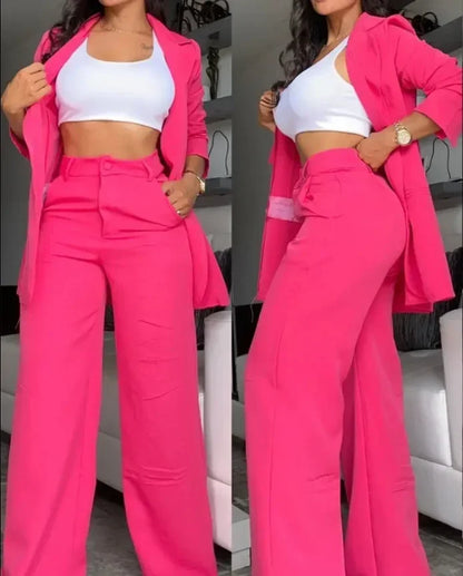 Elegante outono feminino blazer e calças conjunto de duas peças roupas femininas moda gola entalhada casaco & bolso design calças terno