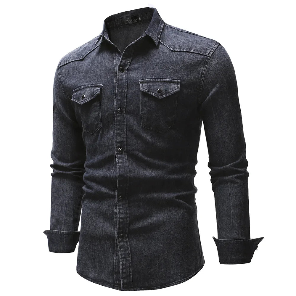 Camisa Jeans Vintage Masculina KIDWHXR com Gola Dobrável, Manga Longa, Slim, Casual, Estilo Cargo, com Botões