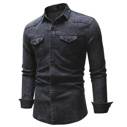 Camisa Jeans Vintage Masculina KIDWHXR com Gola Dobrável, Manga Longa, Slim, Casual, Estilo Cargo, com Botões