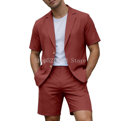 Conjuntos para Homens Blazer de Manga Curta e Calças Curtas Leves para Casamento, Festa, Negócios e Trajes Formais