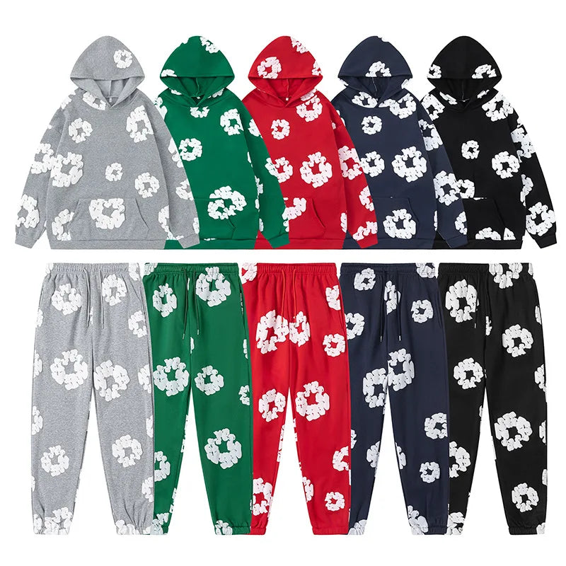 Conjunto Feminino de 2 Peças 2026: Moletom Casual Estampado de Espuma Solto + Calça - Roupa Feminina de Outono Inverno