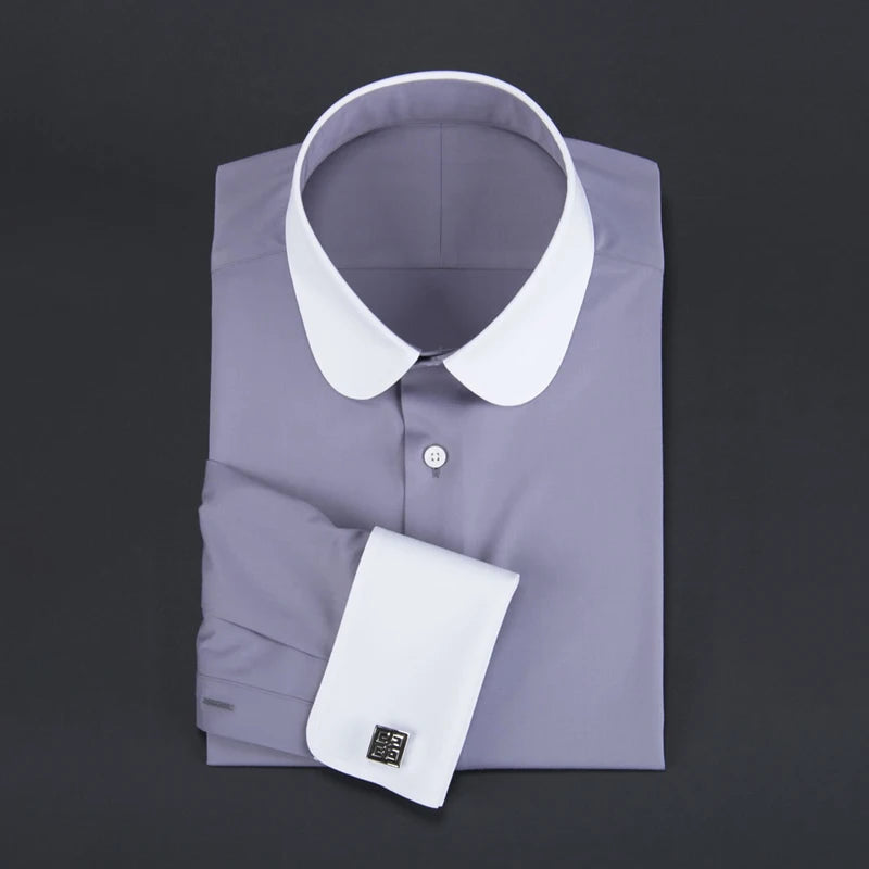 Camisa masculina clássica com gola Eton, gola arredondada, manga comprida, 100% algodão, punho regular, branca, personalizada para homens.