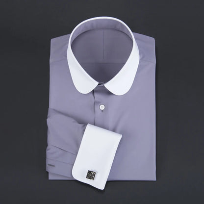 Camisa masculina clássica com gola Eton, gola arredondada, manga comprida, 100% algodão, punho regular, branca, personalizada para homens.