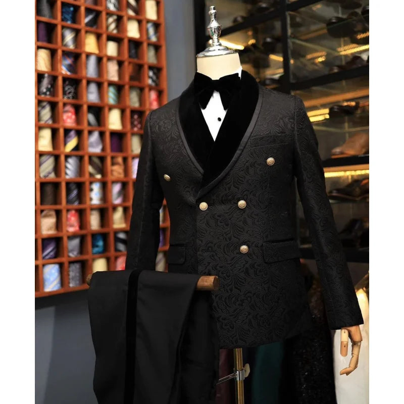 Ternos masculinos duplo breasted smoking 2 peças conjunto preto padrão blazer calça sólida cavalheiro estilo italiano casamento lazer terno