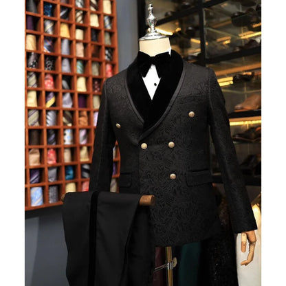 Ternos masculinos duplo breasted smoking 2 peças conjunto preto padrão blazer calça sólida cavalheiro estilo italiano casamento lazer terno