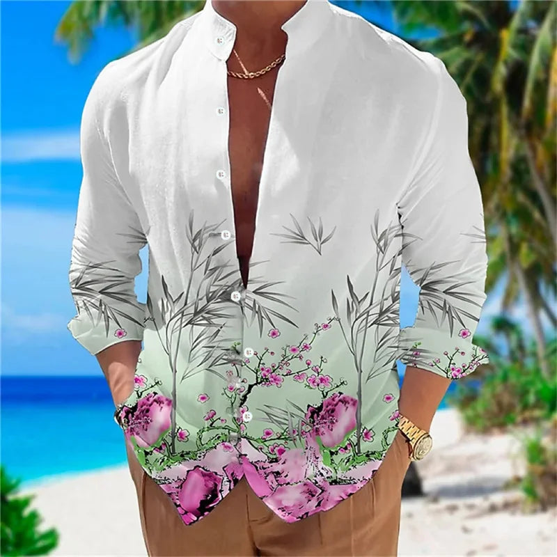 Camisa masculina de manga comprida Camisa impressa em 3D de alta qualidade, padrão floral, primavera e outono, tecido casual e elegante e confortável