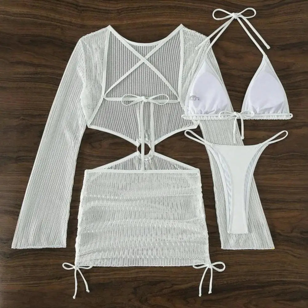 Conjunto de biquíni feminino de 3 peças com sutiã frente única, amarração nas costas e saída de praia em malha. Cor sólida. Ideal para mulheres.