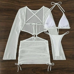 Conjunto de biquíni feminino de 3 peças com sutiã frente única, amarração nas costas e saída de praia em malha. Cor sólida. Ideal para mulheres.