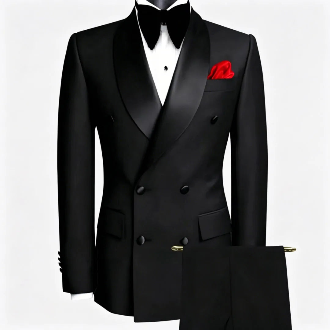 Terno masculino preto, 2 peças, botão duplo com lapela preta, para casamento, noivo, negócios, aniversário, banquete, trabalho, jaqueta e calças