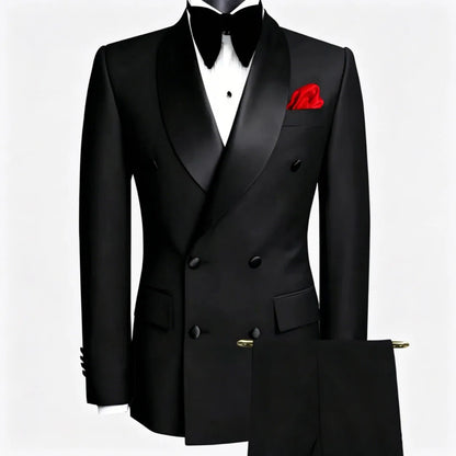 Terno masculino preto, 2 peças, botão duplo com lapela preta, para casamento, noivo, negócios, aniversário, banquete, trabalho, jaqueta e calças