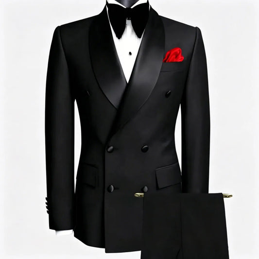 Terno masculino preto, 2 peças, botão duplo com lapela preta, para casamento, noivo, negócios, aniversário, banquete, trabalho, jaqueta e calças