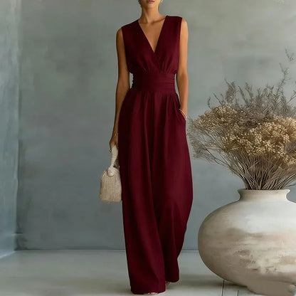 2026 Deep V Neck Women's Jumpsuits Elegant Solid High Waist Rompers Casual Wide Leg Pants Pocket Overalls Vacation Outfit Loose