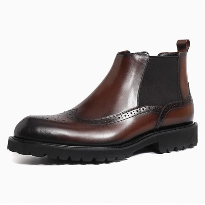 Botas Chelsea de couro genuíno masculino outono inverno bico fino brilhante brogue sapatos curtos estilo britânico