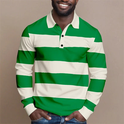 Simple Fashion Striped Graphic Polo Shirts For Men Casual Retro 3D Printed Long Sleeve Golf Polo Loose Daily Wear Business Tops