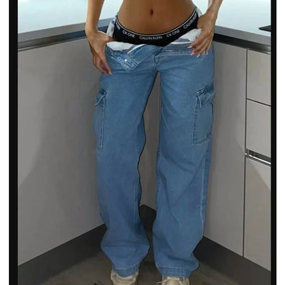 Mulheres cintura alta alta elástica sólida jeans 2023 novo outono jeans feminino workwear com bolso denim calças de perna reta calças de carga