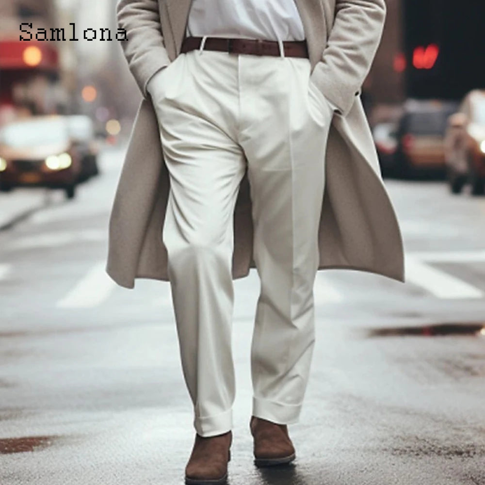 2023 masculino suporte bolso elegante calças de perna larga sólido branco festa de casamento calças plus size moda masculina botões até terno calças