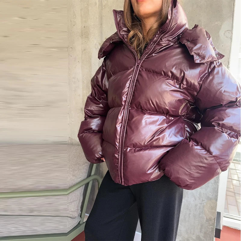 Moda com capuz recortado jaqueta acolchoada para mulheres casual sólido zíper bolso casaco de grandes dimensões senhora 2025 inverno rua quente outerwear