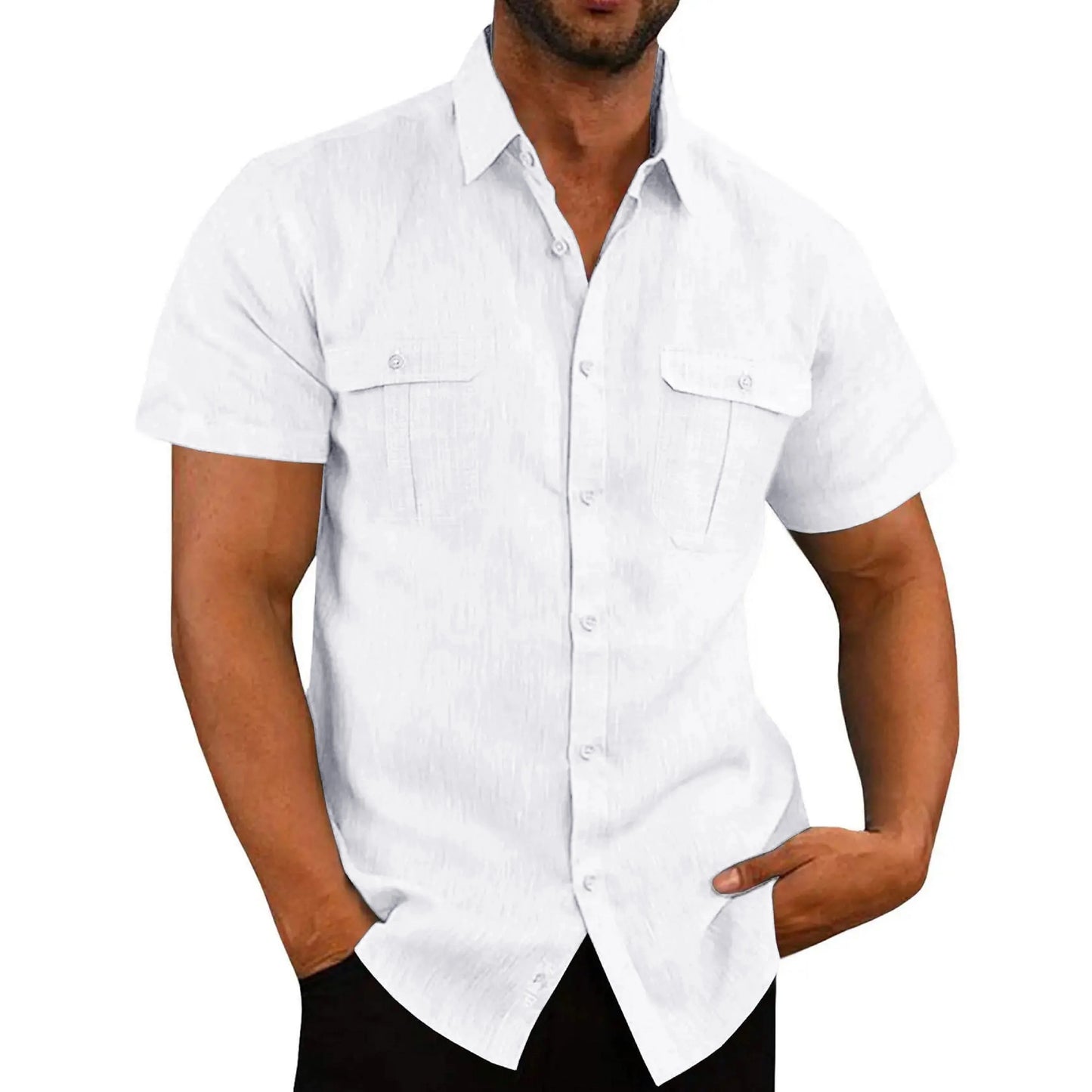 Camisa masculina de manga curta, cor sólida, moderna, com dois bolsos no peito, ideal para o verão. Cardigã casual para uso externo.