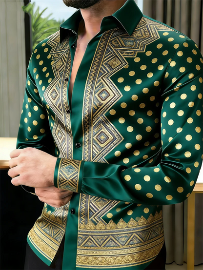 Nova camisa masculina de manga comprida com 11 cores, estampa 3D dourada, padrão de bolinhas moderno, estilo luxuoso.