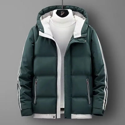 Jaqueta masculina listra moda cor combinando quente grosso high street com capuz zíper algodão-acolchoado casaco oversize cordão parka casaco