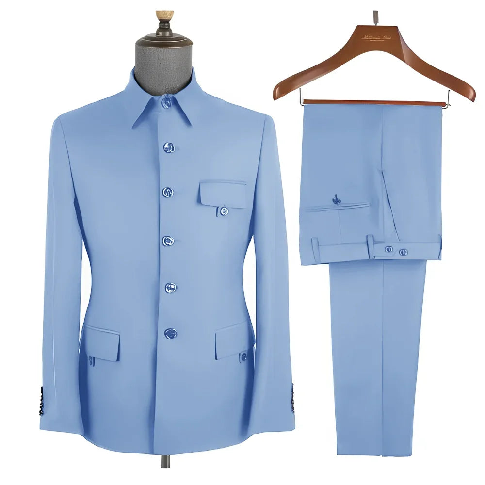 Terno masculino formal azul real, conjunto de 2 peças, gola, blazer, calças, slim fit, casamento, noivo, smoking, vestido de festa
