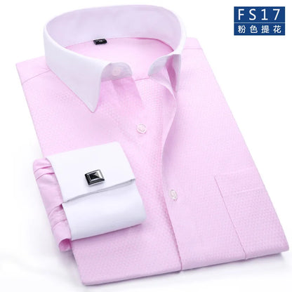 Camisa masculina clássica com punhos franceses, camisa social formal de negócios, ajuste padrão, manga longa, festa de casamento, escritório, trabalho, camisas brancas