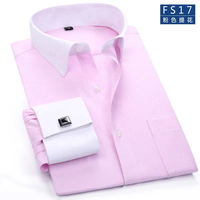 Camisa masculina clássica com punhos franceses, camisa social formal de negócios, ajuste padrão, manga longa, festa de casamento, escritório, trabalho, camisas brancas