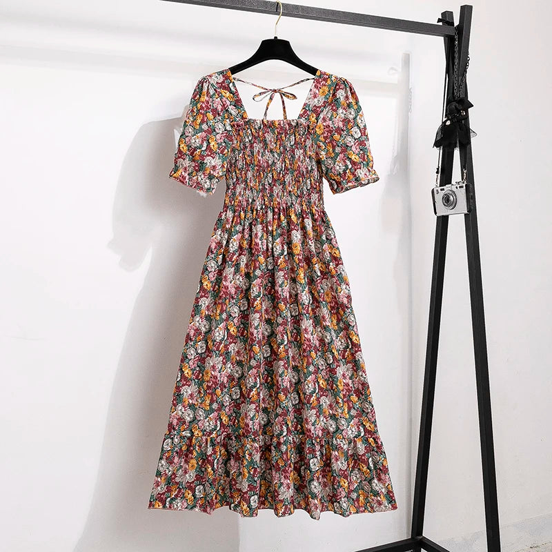 Verão plissado mulheres vestidos de chiffon casual praia férias manga curta gola quadrada mulher midi vestido boêmio mujer vestidos