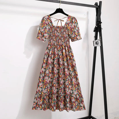 Verão plissado mulheres vestidos de chiffon casual praia férias manga curta gola quadrada mulher midi vestido boêmio mujer vestidos