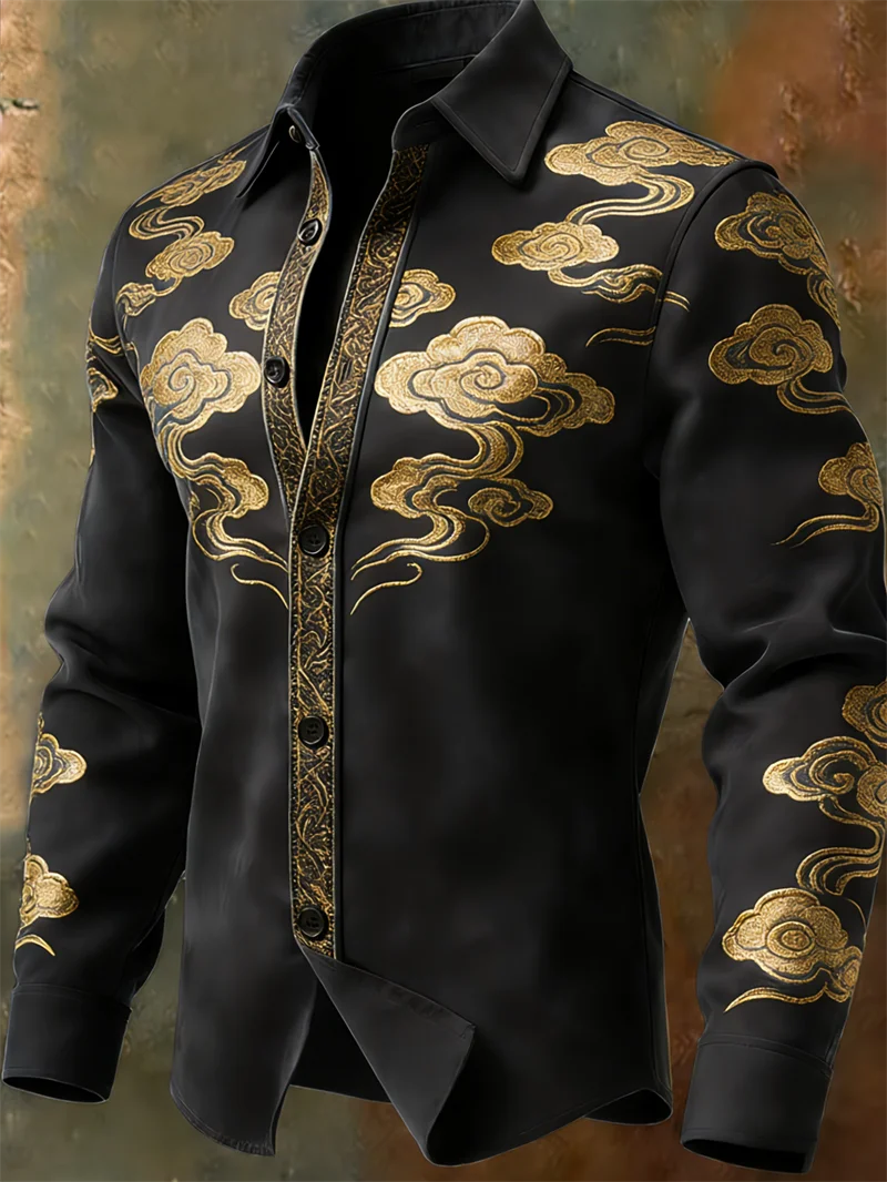 Nova camisa masculina retrô com padrão multicolorido e estampa 3D de nuvens, camisa casual marrom de manga comprida para o dia a dia.