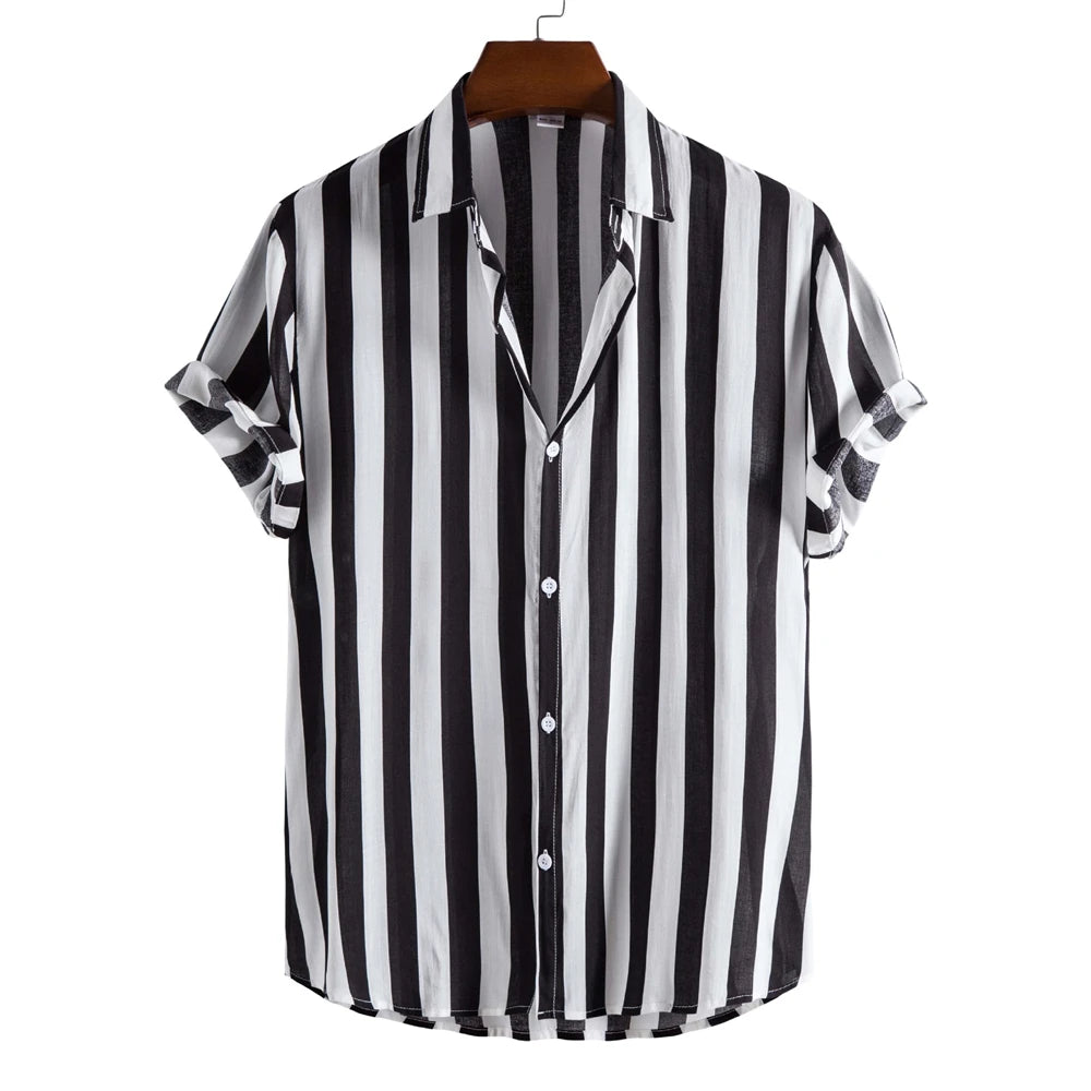 Camiseta listrada de manga curta com botão havaiano masculina, blusa xadrez, roupa de praia vermelha, camisa preta e branca, roupas masculinas, verão