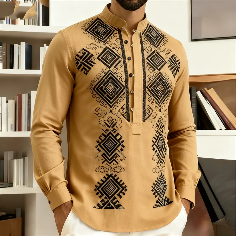 Nova Camisa Masculina de Manga Longa Estilo Étnico Retrô com Estampa 3D de Totem Tribal, Camisa Casual com Botões