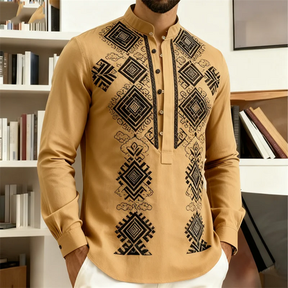 Nova Camisa Masculina de Manga Longa Estilo Étnico Retrô com Estampa 3D de Totem Tribal, Camisa Casual com Botões