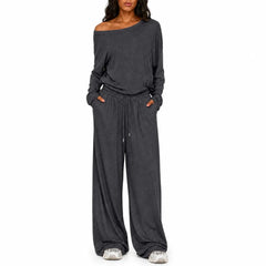 Conjunto Feminino de 2 Peças: Blusa Ombro a Ombro de Manga Longa Solta e Calça Pantalona com Cordão e Bolsos – Macio e Casual