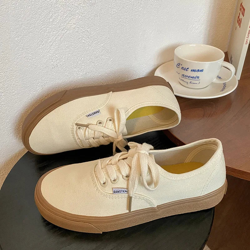 Casual apartamentos tênis de lona feminino ao ar livre cor sólida rasa sapatos esportivos tênis feminino streetwear rendas até sapatos vulcanizados