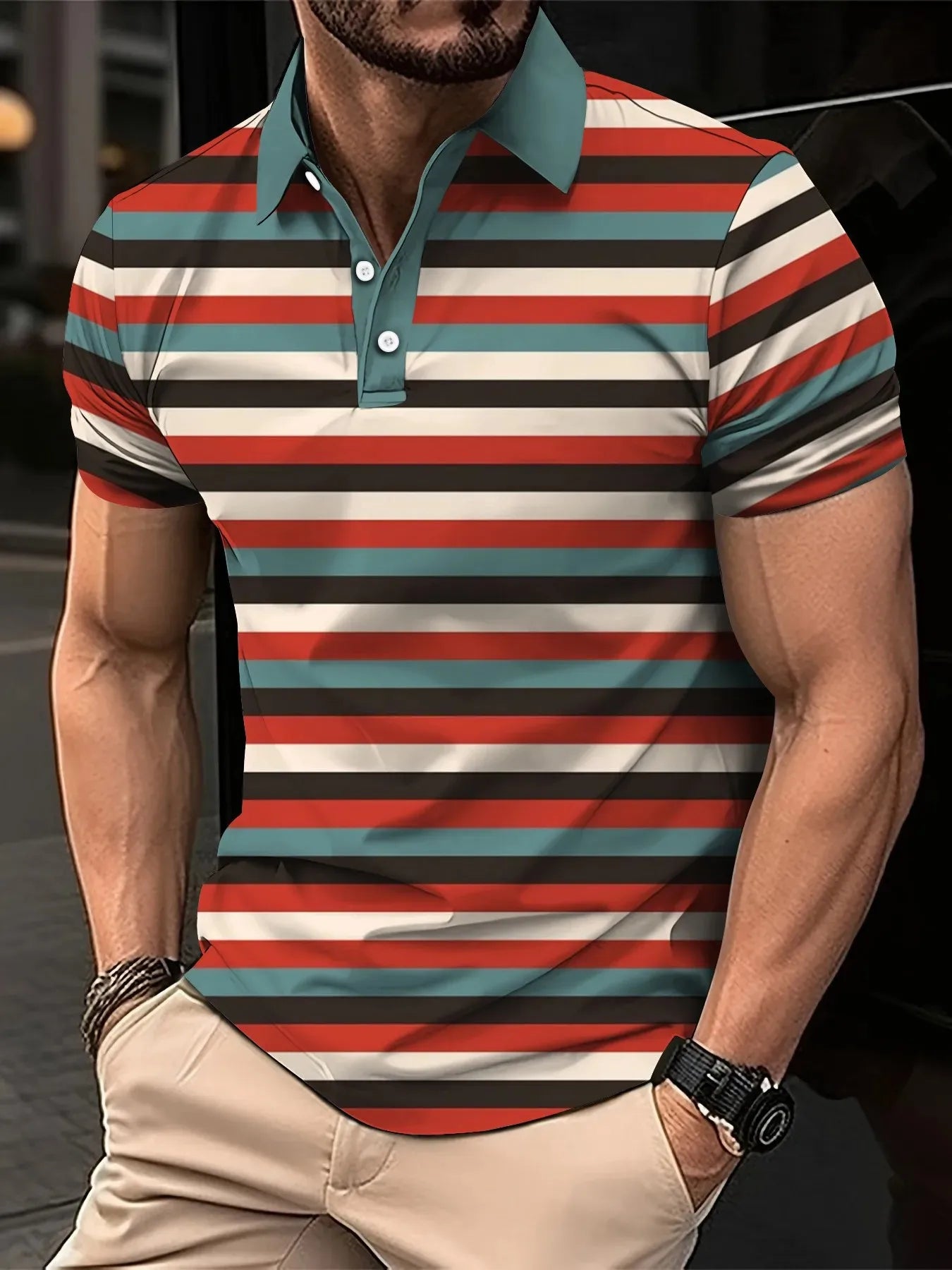 2026 Summer Men's Polo Shirt with Stripes Print Breathable Lightweight Casual Fashionable Outdoor Men's Clothing