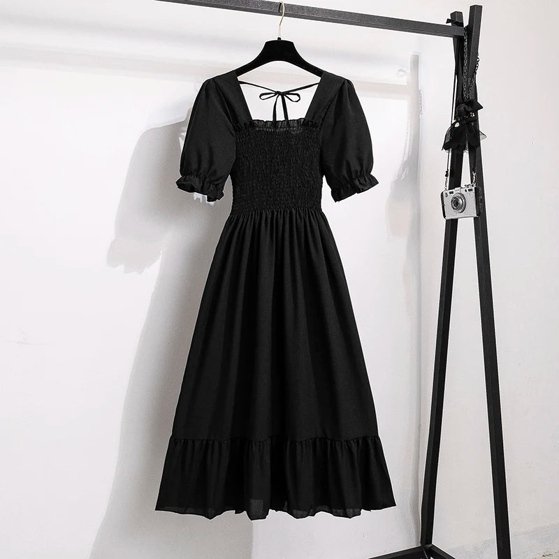 Verão plissado mulheres vestidos de chiffon casual praia férias manga curta gola quadrada mulher midi vestido boêmio mujer vestidos