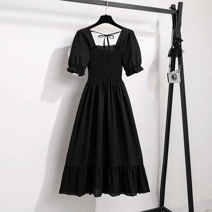 Verão plissado mulheres vestidos de chiffon casual praia férias manga curta gola quadrada mulher midi vestido boêmio mujer vestidos