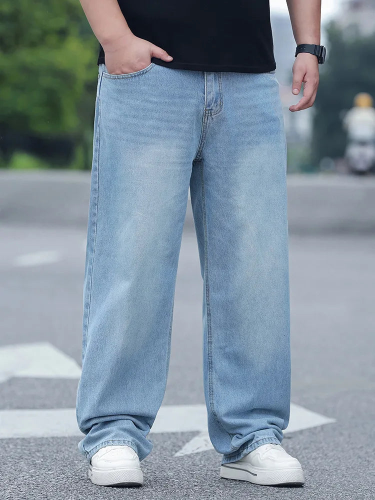FENROOST Calça Jeans Masculina Plus Size de Cintura Alta Reta Solta Versátil para Todas as Estações Nova