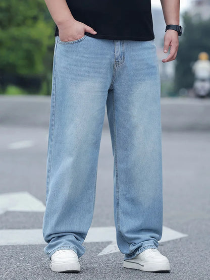 FENROOST Calça Jeans Masculina Plus Size de Cintura Alta Reta Solta Versátil para Todas as Estações Nova